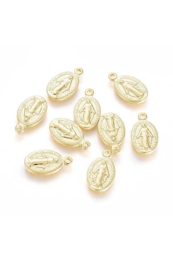 5pc Brass Charms Long-Lasting Plated Miraculous Medal Oval with Real 18K Gold Plated 14x8x1.5mm Hole: 1.2mm