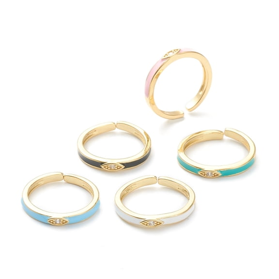 5pc Brass Clear Cubic Zirconia Cuff Rings Open Rings Long-Lasting Plated with Enamel Real 18K Gold Plated Eye Mixed Color 2.5mm Inner Diameter: 16.5mm