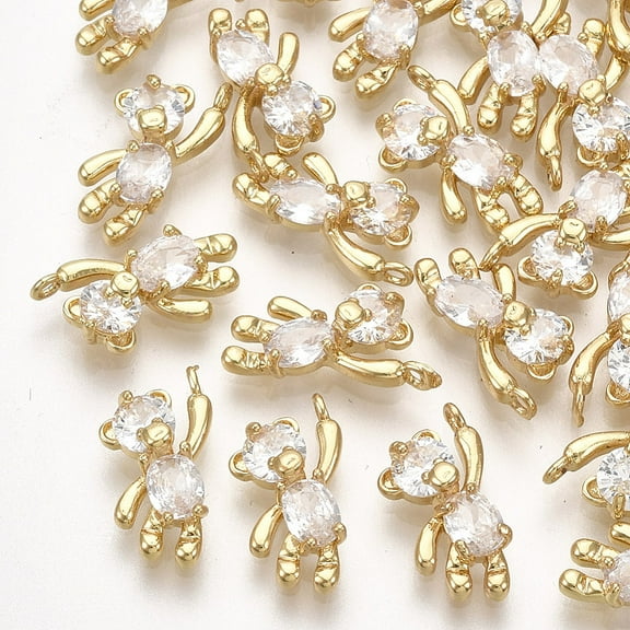 5pc Brass Cubic Zirconia Charms Bear Clear Real 18K Gold Plated 12x6x3mm Hole: 1mm