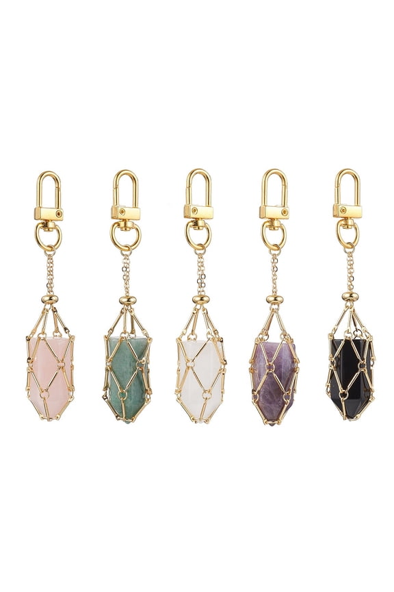 5pc Brass Macrame Pouch Stone Holder Pendant Decoration with Bullet Shape Natural Mixed Gemstone and Alloy Swivel Clasps Golden 100mm