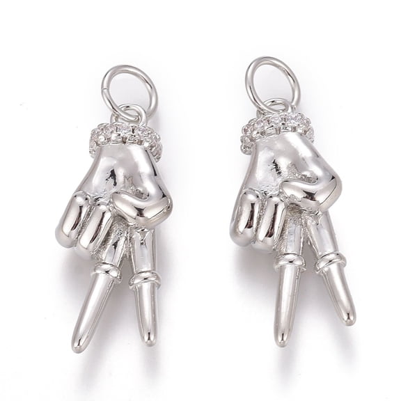 5pc Brass Micro Pave Clear Cubic Zirconia Pendants Peace Hand Charms Long-Lasting Plated with Jump Rings Yeah Gesture Pendants Platinum 21x9x5.5mm Hole: 3mm Jump Ring: 5x1mm