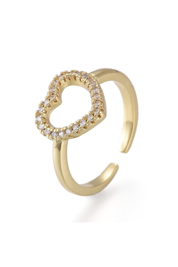 5pc Brass Micro Pave Clear Cubic Zirconia Cuff Rings Cadmium Free & Lead Free Open Heart Rings Real 18K Gold Plated US Size 6(16.5mm)