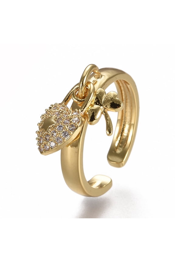 5pc Brass Micro Pave Clear Cubic Zirconia Cuff Rings Open Rings Heart Lock with Clover Real 18K Gold Plated Size 7 Inner Diameter: 17mm