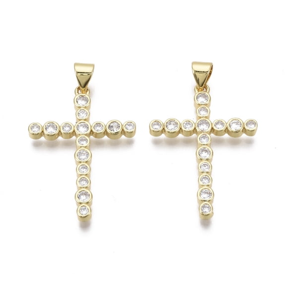 5pc Brass Micro Pave Clear Cubic Zirconia Pendants Nickel Free Cross Real 18K Gold Plated 30x21x2.5mm Hole: 3mm