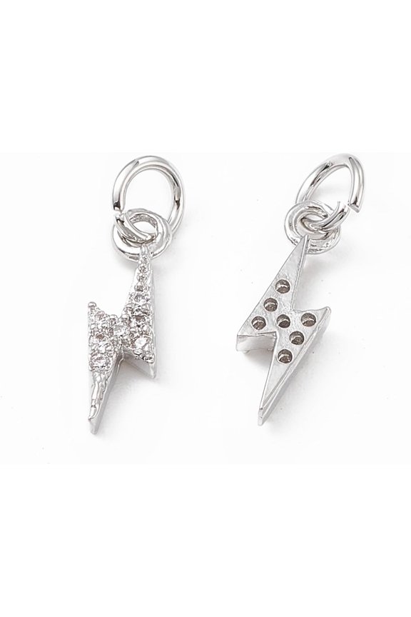 5pc Brass Micro Pave Cubic Zirconia Charms Cadmium Free & Nickel Free & Lead Free Lightning Bolt Charms Platinum 14.5x5x2.5mm Hole: 3mm