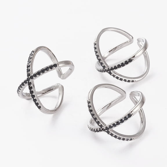 5pc Brass Micro Pave Cubic Zirconia Cuff Rings Open Rings Criss Cross Rings Double Rings X Rings Long-Lasting Plated Platinum Black US Size 7 1/4(17.5mm)