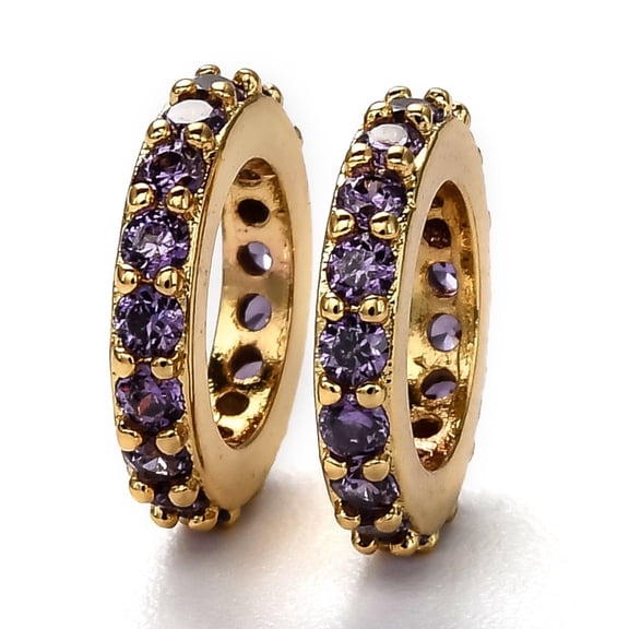 5pc Brass Micro Pave Cubic Zirconia European Beads Long-Lasting Plated Real 18K Gold Plated Large Hole Beads Ring Medium Purple 10x1.8mm Hole: 6mm