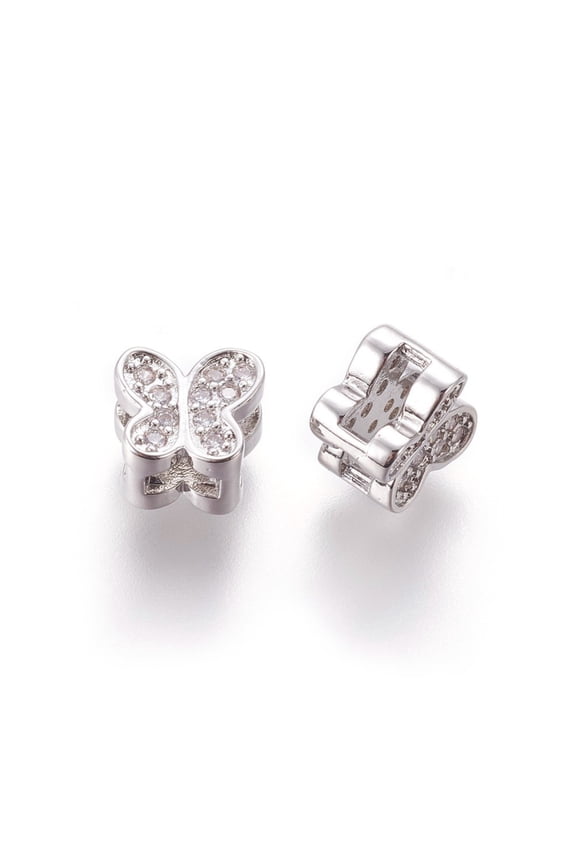 5pc Brass Micro Pave Cubic Zirconia Slide Charms Cadmium Free & Lead Free Butterfly Clear Platinum 7x8x5.5mm Hole: 2x5mm