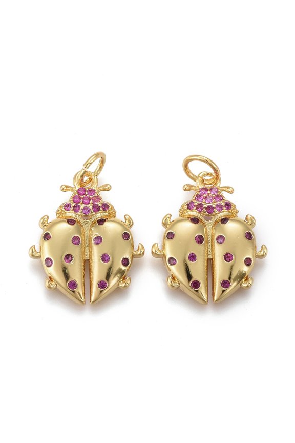 5pc Brass Micro Pave Purple Cubic Zirconia Pendants with Jump Rings Ladybug Shape Long-Lasting Plated Golden 16x14x3mm Hole: 3.5mm