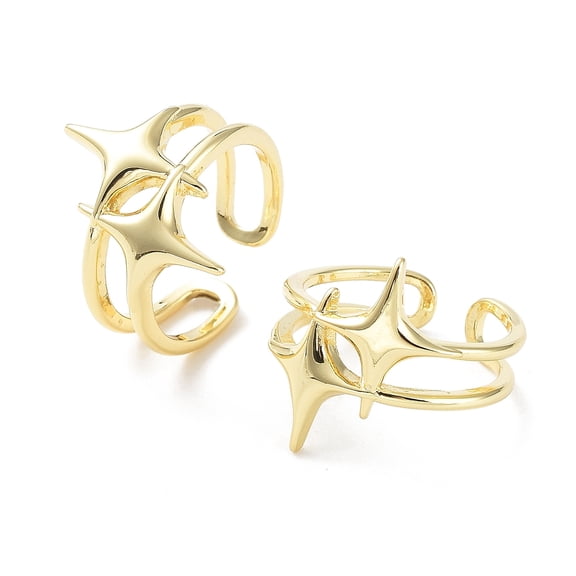5pc Brass Open Cuff Rings Double Star Real 18K Gold Plated US Size 7 1/4(17.5mm)