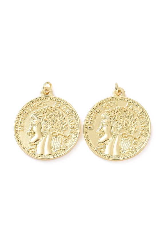 5pc Brass Pendants Long-Lasting Plated Coin Real 18K Gold Plated 28.5x25.5x2mm Hole: 4mm