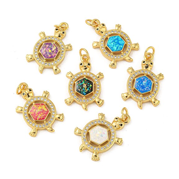 5pc Brass Pendants Micro Pave Cubic Zirconia with Synthetic Opal with Jump Rings Real 18K Gold Plated Turtle Mixed Color 23x15x3mm Hole: 3.5mm
