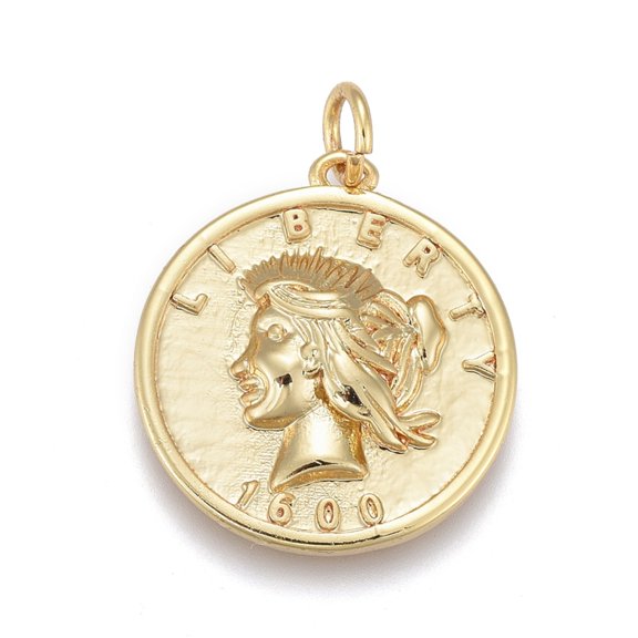 5pc Brass Pendants with Jump Rings Long-Lasting Plated Flat Round with Human Word Liberty Goldenen 20x18x3mm Hole: 3mm