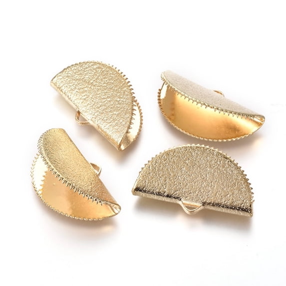 5pc Brass Ribbon Crimp Ends Textured Half Round Golden
