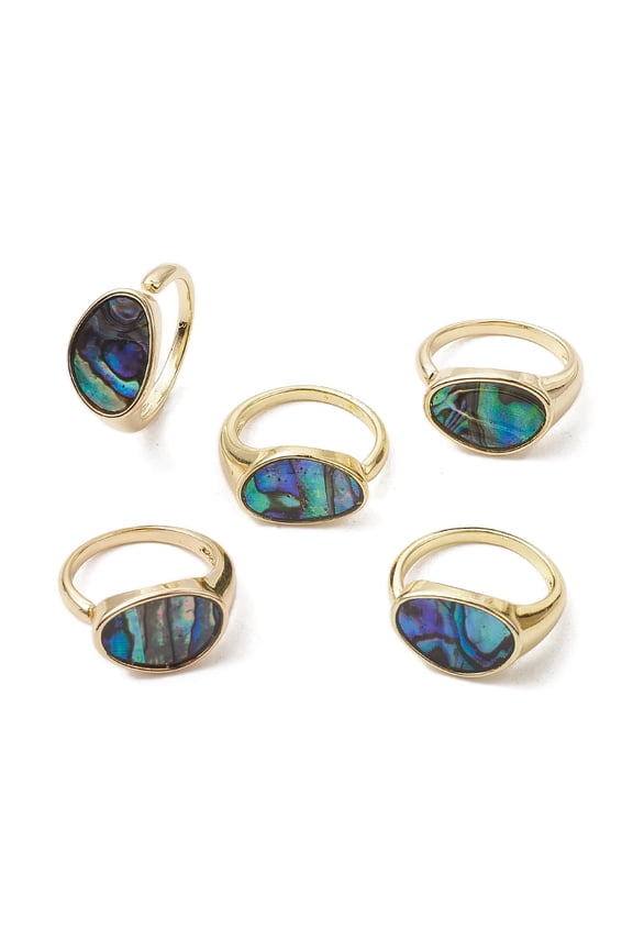 5pc Brass with Abalone Shell Adjustable Rings Oval Real 18K Gold Plated US Size 5 1/4(15.9mm)