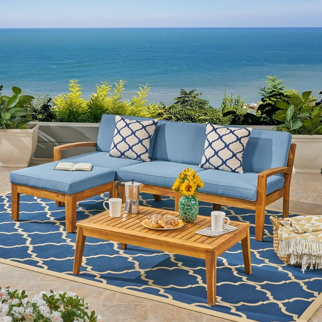 5pc Brown and Blue Outdoor Patio Conversation Set with Cushions 39.5"