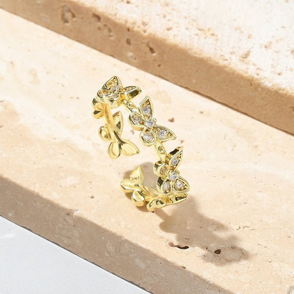 5pc Butterfly Clear Cubic Zirconia Cuff Rings Brass Jewelry for Women Long-Lasting Plated Rack Plating Lead Free and Cadmium Free Real 18K Gold Plated 5mm Inner Diameter: 17mm