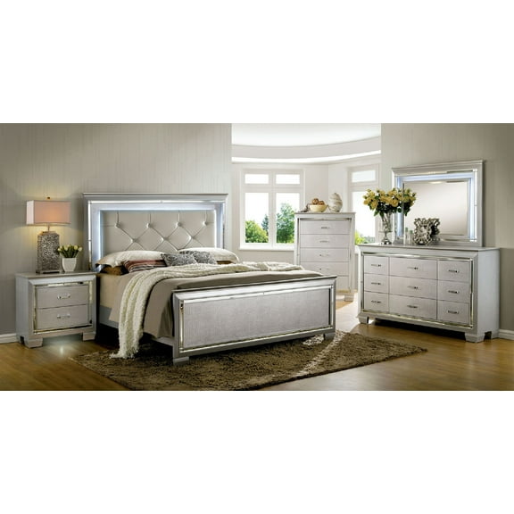 5pc California King Size Bed W LED Luxurious Bedroom Furniture Dresser Mirror 2x Nightstands Silver Color Solid wood Veneer