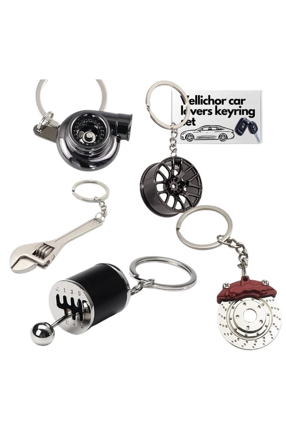 5pc Car Lovers Key Chain Set - Manual Gear Shifter | Wheel Rim | Spanner | Turbo | Brake Disc Keychain | Auto Enthusiast Gift Set | Car Truck Bike | Parts Keyring