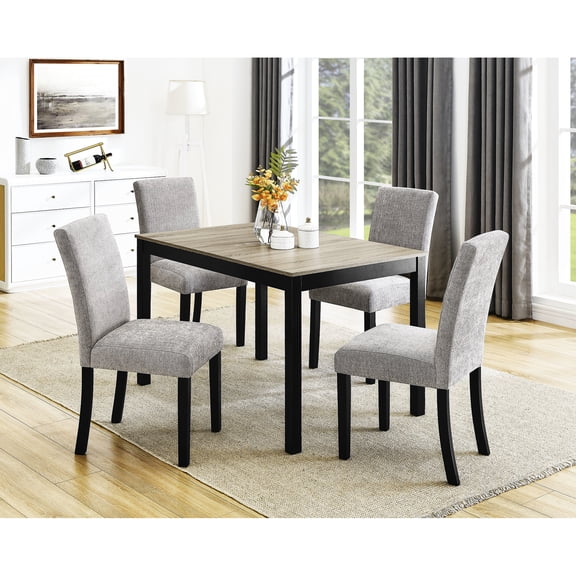 5pc Contemporary Dining Aggregation: Rectangular Table, Gray Upholstered Chairs, Wooden Legs, Two-tone Finish Modern Compilation: Theme