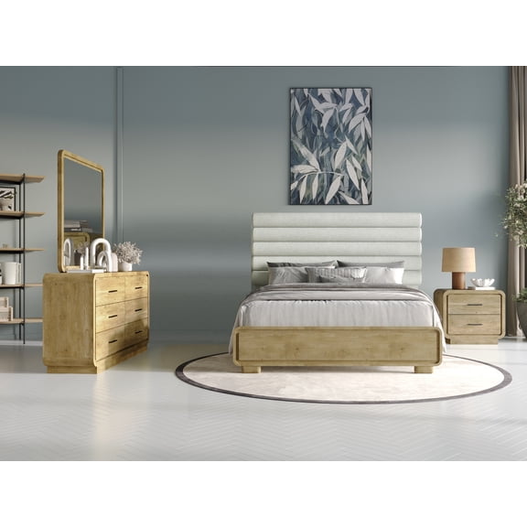 5pc Contemporary Upholstered Headboard Oak Finish King Panel Bed Bedroom Set