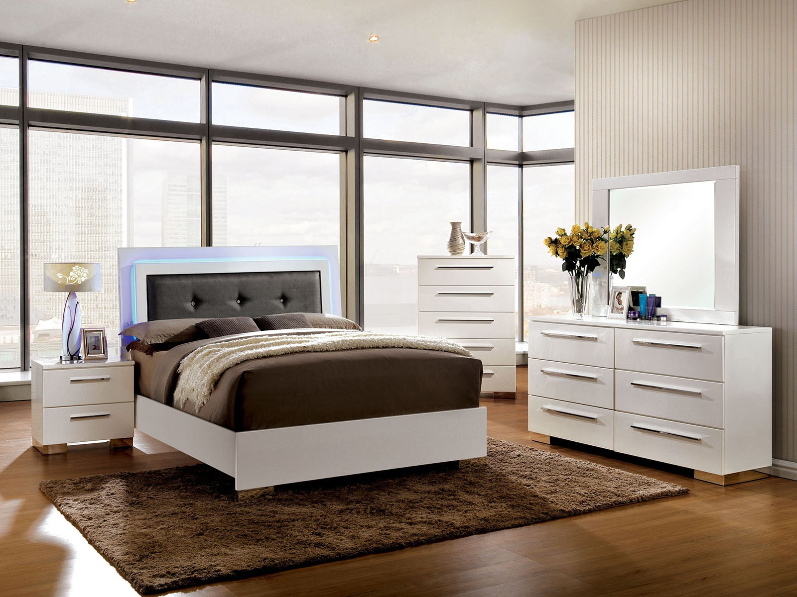 5pc Contemporary White Lacquer Eastern king Size Bed Dresser Mirror 2x NS Bedroom Tufted LED HB Bedroom Furniture