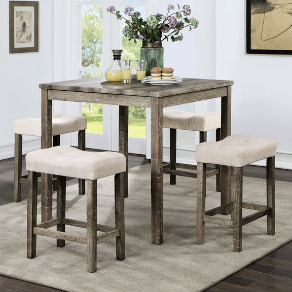 5pc Counter Height Dining In Gray And Beige With Solid Wood Stools Table Transitional Style & 4 Cushioned Seat