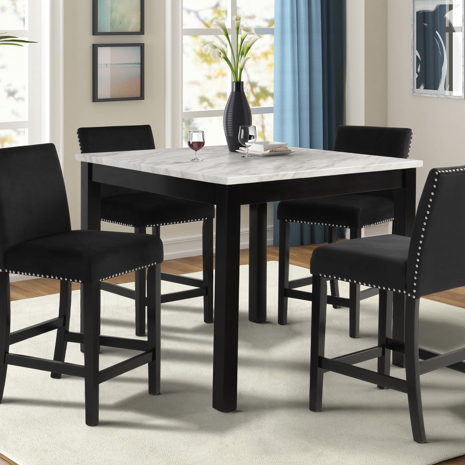 5pc Counter Height Dining Set Square White Faux Marble Table Black ...