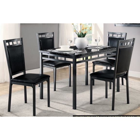 5pc Dinette In Black: Faux Marble Tabletop & 4 Leather Upholstered Chairs. Metal. Contemporary Black Metal Frame : Table Side Dining Room Use