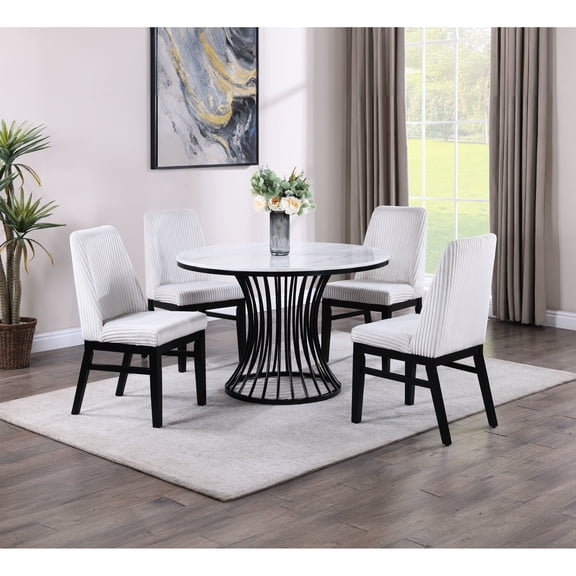 5pc Dining : Faux Marble Table, Upholstered Seats & Cage Structure Base Contemporary Table And Chair