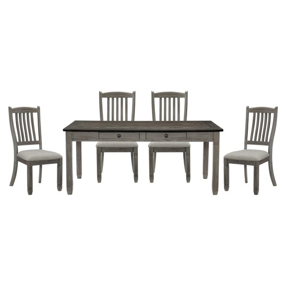 5pc Dining In Country Theme With Coffee Finish Table & 4 Upholstered Chairs 72 Inches Rectangular 6 Drawers Gray