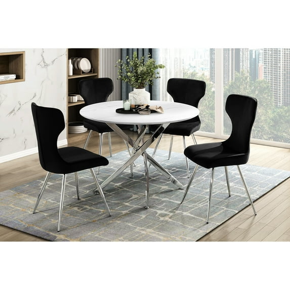 5pc Dining : Round Faux Marble Table And 4 Side Chairs With Black Velvet Upholstery, Metal Legs For Room Ultra-modern Chairs, Legs, Suitable Area Use