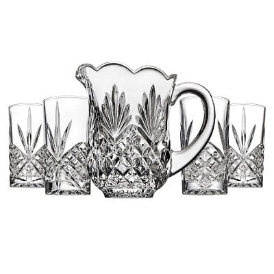 5pc Dublin Crystal Pitcher and Highball Set: Hand Wash, Clear Crystal, Service for 4, Hot/Cold Beverages