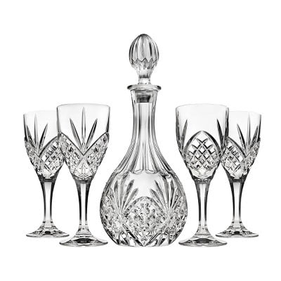 5pc Dublin Crystal Wine Decanter Set: Hand Wash, Service for 4, Includes Decanter & Wine Glasses