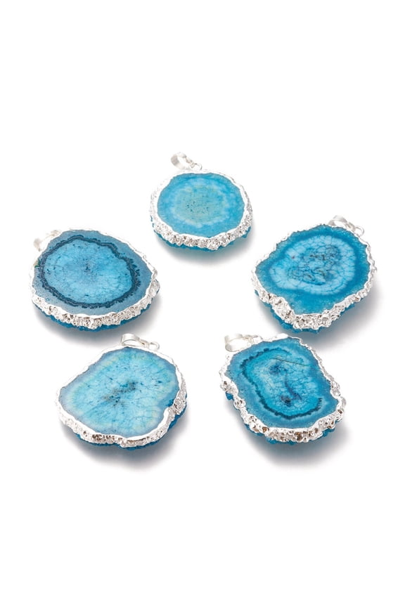 5pc Dyed Natural Druzy Solar Quartz Crystal Pendants Edge Plated with Brass Bails Sunflower Silver Deep Sky Blue 40~50x30~45x5~6mm Hole: 4x6mm