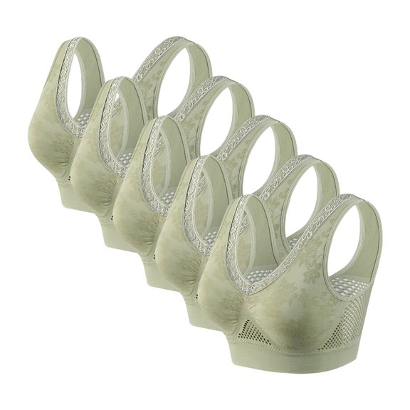 5pc Elder Women's Comfortable Wirefree Bras Bralette Loungewear Workout Yoga Underwear Floral Balconette Bras for Lady Low Back Green 3XL