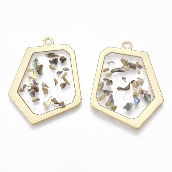 5pc Epoxy Resin Pendants with Shell Inside and Alloy Findings Nuggets Matte Gold Color 38.5x30.5x2mm Hole: 2mm