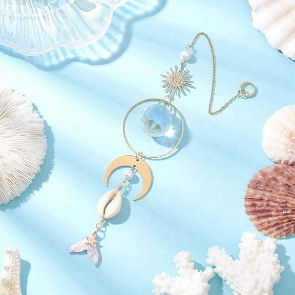 5pc Fishtail Glass Hanging Ornaments Natural Cowrie Shell and Brass Sun Moon Suncatchers for Outdoor Garden Decoration Golden 260mm