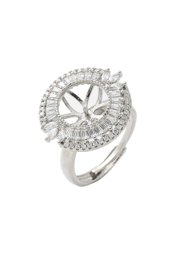 5pc Flat Round Brass Micro Pave Cubic Zirconia Adjustable Ring Settings for Half Drilled Beads Rack Plating Long-Lasting Plated Lead Free & Cadmium Free Platinum