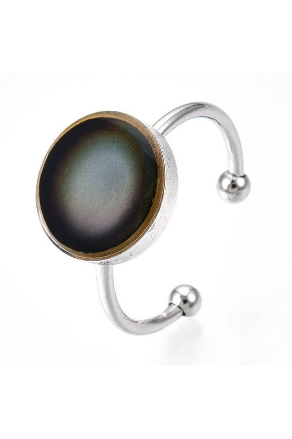 5pc Flat Round Mood Ring Epoxy Open Cuff Ring Temperature Change Color Emotion Feeling Ring 201 Stainless Steel Ring for Men Women Stainless Steel Color US Size 7 1/4(17.5mm)