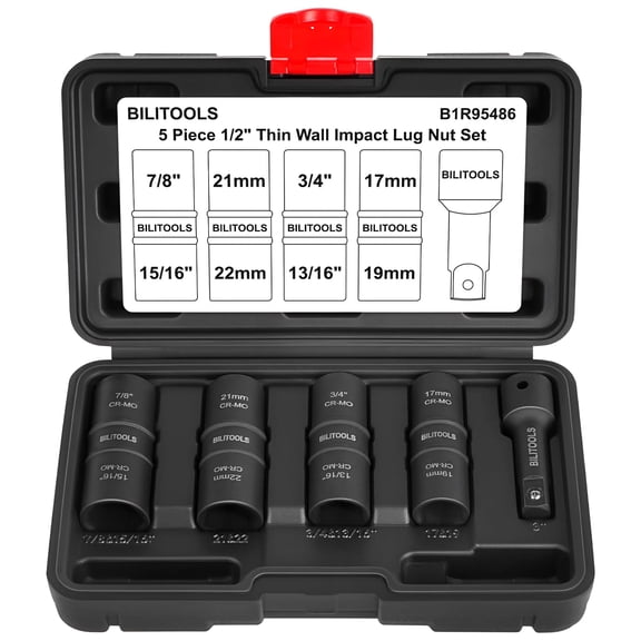 5pc Flip Lug Nut Socket Set, 1/2" Drive Metric & SAE Non-Marring | CR-MO Steel, Thin Wall, 6-Point Flank Drive, Metric 17-22mm & SAE 3/4-15/16", Color-Coded, Impact-Rated, Storage Case