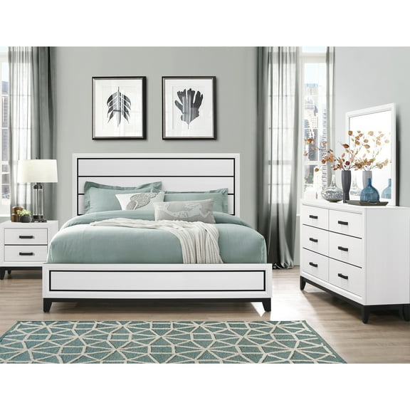5pc Full Bedroom Furnishings In Mirage White - Build, Low Profile Bed With Tapered Legs, Panel Headboard, Chest, Dresser, Mirror, Nightstand 5 Suite White, Style