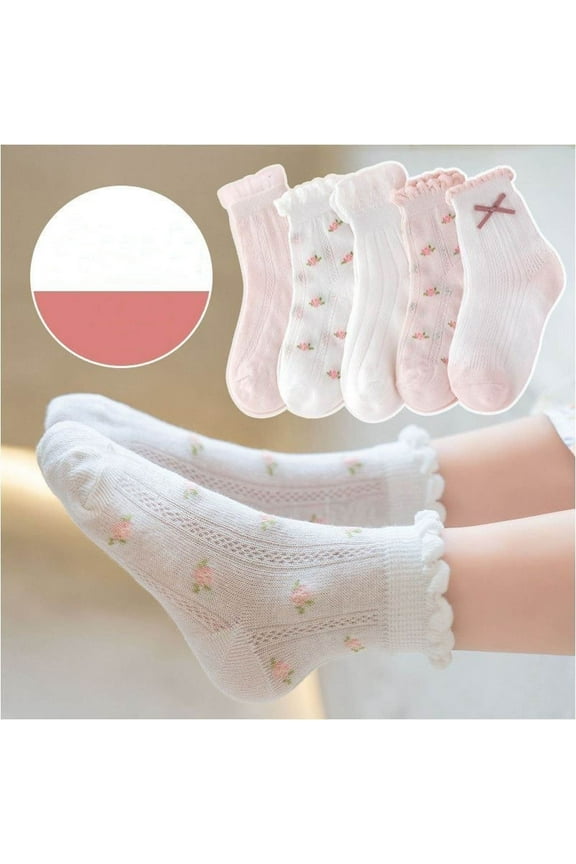 5pc Girls Knee High Socks Bow Stockings Toddler Breathable Long Tube Knit Cute Socks Grippy Socks Children Pilates White 3Y