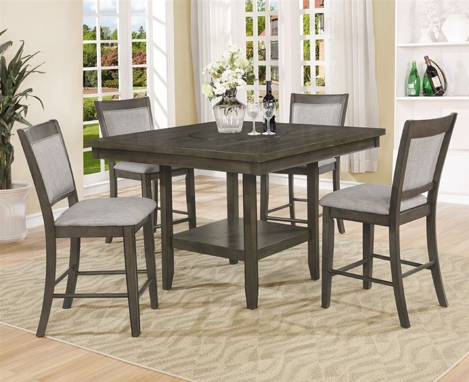 5pc Gray Counter Height Dining Room Set Table w 20 inch Lazy Susan Rotation Chairs Solid Wood