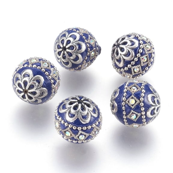 5pc Handmade Indonesia Beads with Metal Findings Round Antique Silver Royal Blue 19.5x19mm Hole: 1mm