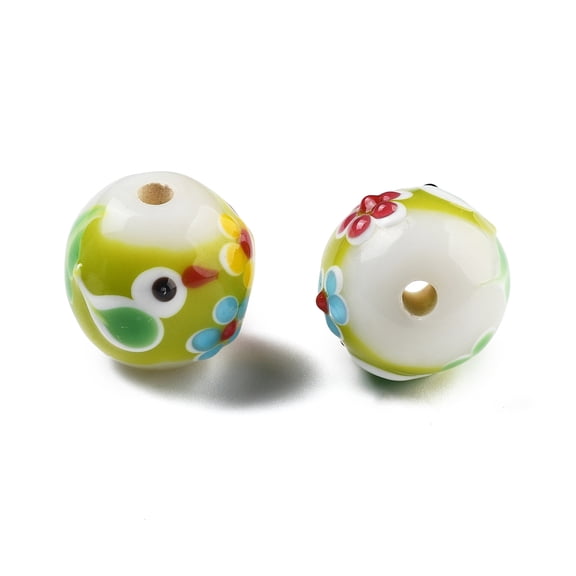5pc Handmade Lampwork Beads Round with Bird & Flower Green Yellow 16~16.5x15.5~16mm Hole: 2.5~2.6mm