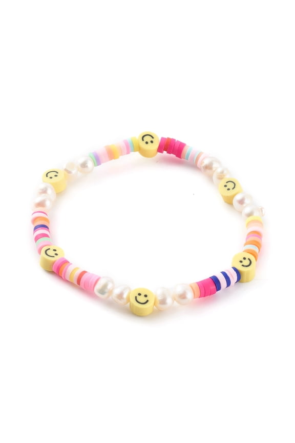 5pc Handmade Polymer Clay Heishi Beaded Stretch Bracelets with Natural Pearl Beads Smiling Face Colorful Inner Diameter: 2-1/8 inch(5.5cm) DIY