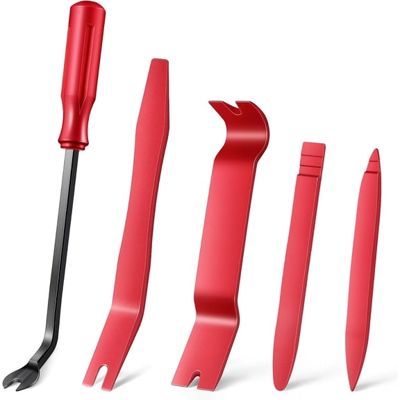 5pc Heavy Duty Auto Trim Removal Tool Kit, Non-Marring Pry Bar Set for Car Door Panel Dash Audio Fastener Clip, Red