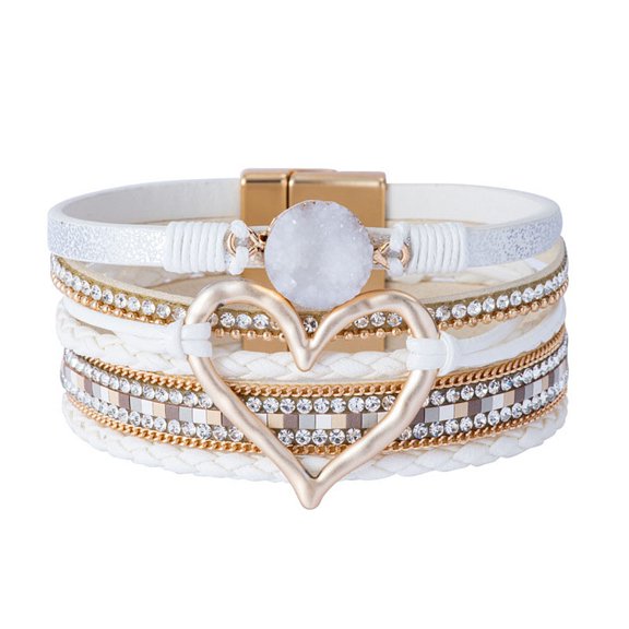 5pc Imitation Leather Multi-Starnd Bracelets Bohemia Style Rhinestone and Druzy Crystal Link Bracelet for Women White 7-5/8 inch(19.5cm) 30mm