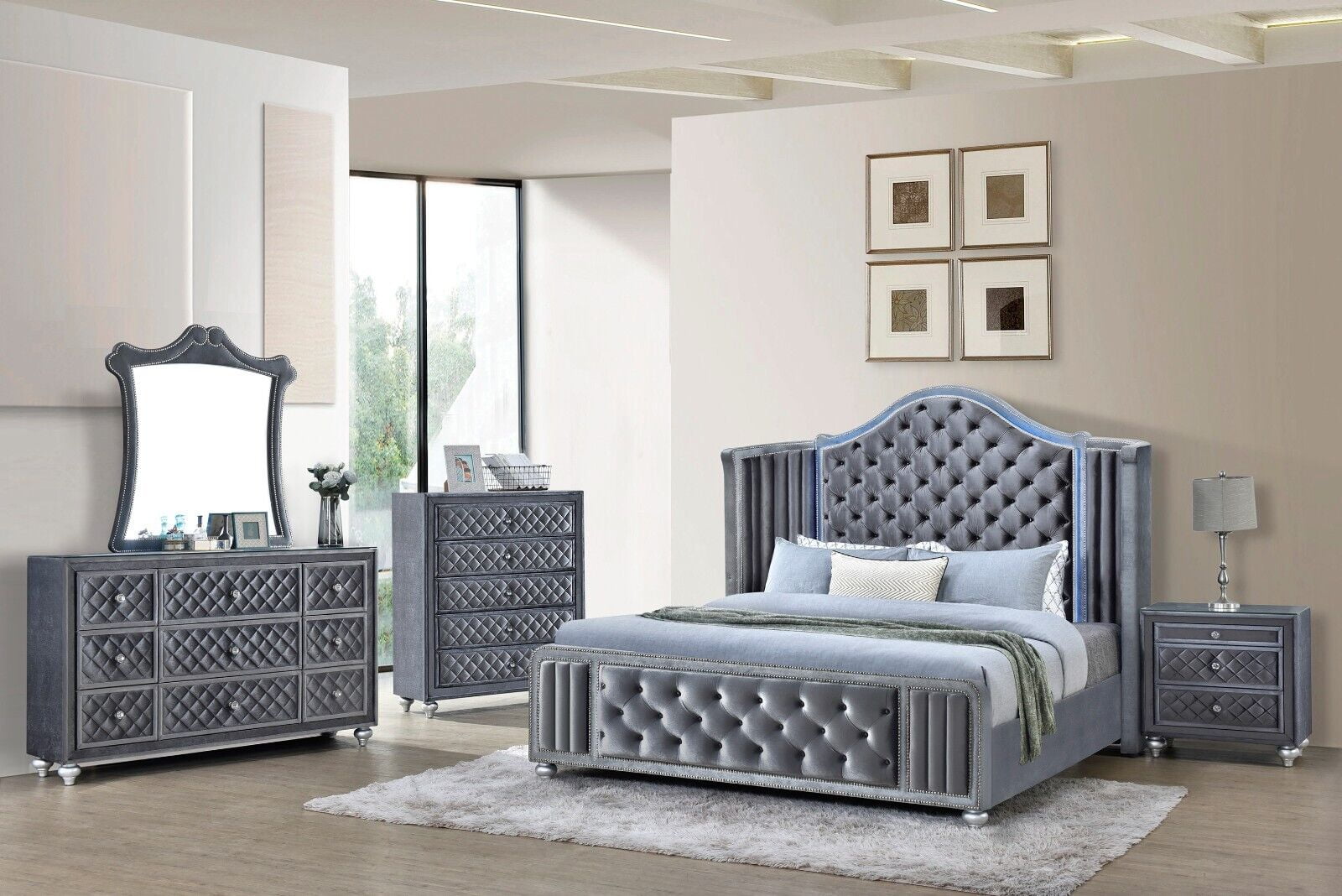 5pc King Size Bed Set LED Wing Back Headboard Bedroom Furniture Gray